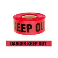 WARNING TAPE - DANGER KEEP OUT Black text on red 75MM X 250M (80 Micron) (Red)