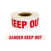 WARNING TAPE - DANGER KEEP OUT Red text on White 75MM X 250M (80 Micron) (White)