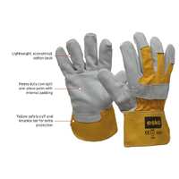 Esko Heavy duty leather / yellow cotton glove, chrome grey palm with yellow cotton back and safety cuff.  'A' grade