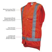 Hi-Vis Orange Day/Night Safety Vest c/w cellphone, ID & pen pockets - Size Large