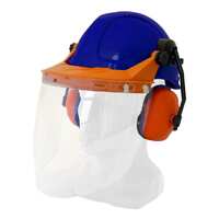 Hard Hat Clear Visor Combo including Blue RATCHET Hard Hat, Ear Muffs, Browguard attachment, and Clear Visor