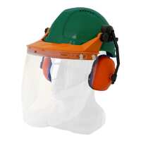 Hard Hat Clear Visor Combo including Green RATCHET Hard Hat, Ear Muffs, Browguard attachment, and Clear Visor