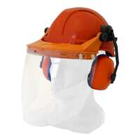 Hard Hat Clear Visor Combo including Neon Orange RATCHET Hard Hat, Ear Muffs, Browguard attachment, and Clear Visor