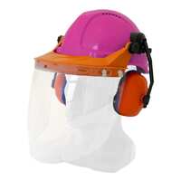 Hard Hat Clear Visor Combo including Pink RATCHET Hard Hat, Ear Muffs, Browguard attachment, and Clear Visor