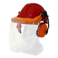 Hard Hat Clear Visor Combo including Red RATCHET Hard Hat, Ear Muffs, Browguard attachment, and Clear Visor